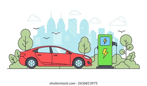 Modern flat vector illustration of an electric car charging at a station amidst a green city landscape. Emphasizes eco-friendly transportation and sustainable urban living