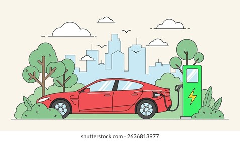 Modern flat vector illustration of an electric car charging at a station amidst a green city landscape. Emphasizes eco-friendly transportation and sustainable urban living