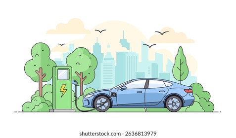 Modern flat vector illustration of an electric car charging at a station amidst a green city landscape. Emphasizes eco-friendly transportation and sustainable urban living