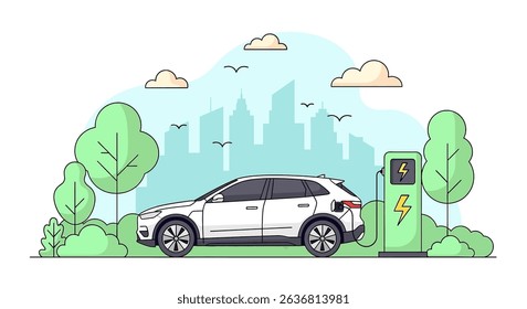 Modern flat vector illustration of an electric car charging at a station amidst a green city landscape. Emphasizes eco-friendly transportation and sustainable urban living