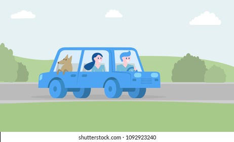 Modern flat vector illustration. Family, couple with dog on the way to picnic outdoors. Happy family in blue car on the road. Youth vacation, time to travel concept.