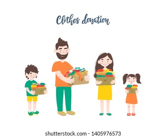 Modern flat vector illustration. Family or volunteers holding cardboard boxes with clothing for donation or recycling.