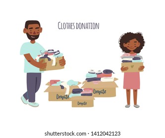 Modern flat vector illustration. Family or volunteers holding cardboard boxes with clothing for donation or recycling.