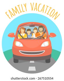 Modern Flat Vector Illustration Of A Family Vacation. Husband, Wife, Son And Daughter On The Way To A Picnic Outdoors. Front View Of A Happy Family In Red Car On The Road