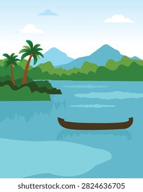 Modern flat vector illustration of the famous Kerala backwaters featuring calm waterways, lush coconut palm trees, layered mountains, and a traditional snake boat. Perfect for Onam festival designs, Indian tourism, travel promotions, banners, posters, social media, websites, greeting cards, and nature-themed backgrounds.