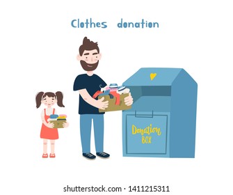 Modern flat vector illustration. Father and daughter holding cardboard boxes with clothing for donation or recycling and clothing container.