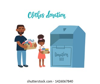 Modern flat vector illustration. Father and daughter holding cardboard boxes with clothing for donation or recycling and clothing container.