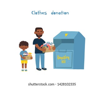 Modern flat vector illustration. Father and son holding cardboard boxes with clothing for donation or recycling and clothing container.