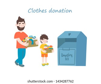 Modern flat vector illustration. Father and son holding cardboard boxes with clothing for donation or recycling and clothing container.