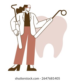 Modern flat vector illustration featuring a female dentist holding oversized dental tools, including a dental mirror and scaler, standing confidently with a large tooth graphic in the background.