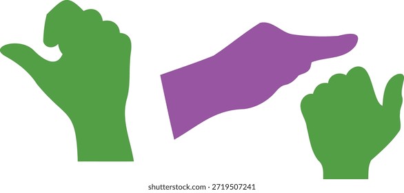 Una Ilustración vectorial plana moderna con dos manos verdes con el pulgar hacia arriba y una mano puntiaguda púrpura, ideal para transmitir Aprobación, dirección y Comentarios positivo en medios digitales.