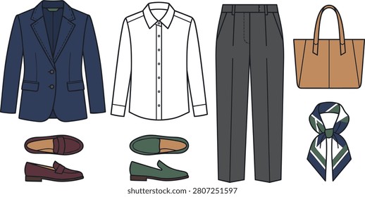 Modern flat vector illustration featuring a women's business formal outfit collection including a navy blazer, white button-up shirt, gray trousers, loafers, tote handbag, silk scarf, and flats. Perfect for office fashion, corporate dress code, capsule wardrobe concepts, styling guides, e-commerce, blogs, presentations, and editorial design.

#BusinessOutfit #OfficeWear #FormalFashion #BusinessAttire #CapsuleWardrobe #WomenFashion #CorporateStyle #Blazer #WhiteShirt #Trousers #Loafers #Handbag #Scarf #OfficeStyle #Workwear #FashionIllustration #FlatVector #VectorDesign #MinimalDesign #EditableVector