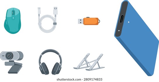 Modern flat vector illustration featuring essential computer accessories and digital gadgets including a wireless mouse, USB cable, flash drive, webcam, headphones, laptop stand, and power bank. Ideal for technology, office, e commerce, web design, presentations, and digital marketing projects.