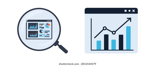 A modern flat vector illustration featuring business analytics dashboards, financial growth charts, bar graphs, trend lines, and a magnifying glass for data analysis. The design combines dashboard reporting, business intelligence, and performance monitoring in a clean blue and gray color palette with minimal geometric elements. Ideal for websites, mobile applications, SaaS platforms, fintech products, business presentations, infographics, UI UX design, corporate reports, digital marketing, and financial management projects requiring professional analytics visuals.