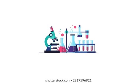 A modern flat vector illustration featuring essential laboratory tools including a microscope, Erlenmeyer flasks with colorful liquids, a test tube rack, and a round-bottom flask. The design uses a vibrant palette of teal, purple, and pink against a clean white background, representing scientific research, chemistry, and medical testing.