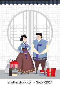 Modern flat vector illustration featuring a couple dressed in Korean traditional costume called Han-bok. 
Tiled roofs at the top and a patterned door on the background.Gifts for holiday on a floor.
