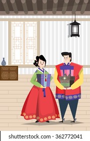 Modern flat vector illustration featuring a couple dressed in Korean traditional costume called Han-bok. 
Tiled roofs at the top and a patterned door on the background.Gifts for holiday on a floor.
