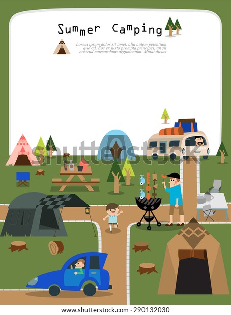 Modern flat vector illustration featuring a family\
enjoying camping. \
For summer vacation. Men fishing by a lake and\
cooking and kids swimming. Various tents and tables set up on the\
green grass.