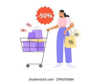 Modern flat vector illustration with female character holding boxes and packages. Concept of seasonal discounts or big sale.