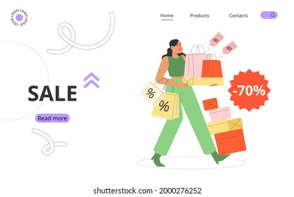 Ilustración vectorial plana moderna con cajas y paquetes de caracter femenino. Concepto de descuentos de temporada o venta a gran escala.