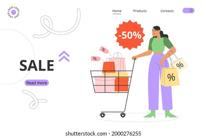Modern flat vector illustration with female character holding boxes and packages. Concept of seasonal discounts or big sale.