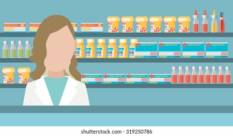 Modern flat vector illustration of a female pharmacist at the counter in a pharmacy opposite the shelves with medicines. Health care conceptual background