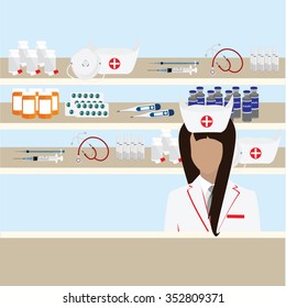 Modern flat vector illustration of female pharmacist at the counter in a pharmacy opposite the shelves with medicines. Health care conceptual background