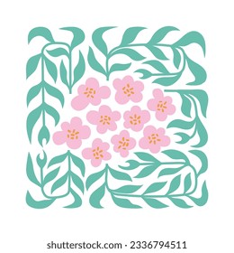 Modern flat vector illustration with flowers, leaves foliage, field. Abstract trendy minimal wild flower poster, wall art.