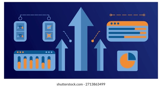 Moderne, flache Vektorgrafik, die sich auf die Verbesserung der geschäftlichen Performance, Wachstumsmetriken und Skalierbarkeitsstrategie konzentriert. Das Design weist mehrere Aufwärtspfeile auf, die die Erweiterung und Optimierung symbolisieren