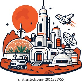 Modern flat vector illustration of a futuristic Mars research station with biodomes, solar panels, rover vehicles, communication towers, and scientific facilities. Ideal for aerospace, future technology, science, education, and research publications.