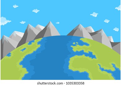 Modern flat vector illustration of globe and mountains. Simple concept, gemoetric form.