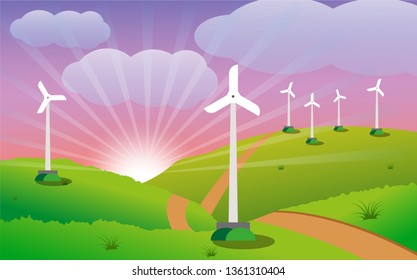Modern flat vector illustration of a green grassy field with windmills and a bright sun rising in the background. Vector illustration of a field of windmills. Natural, renewable wind energy concept.