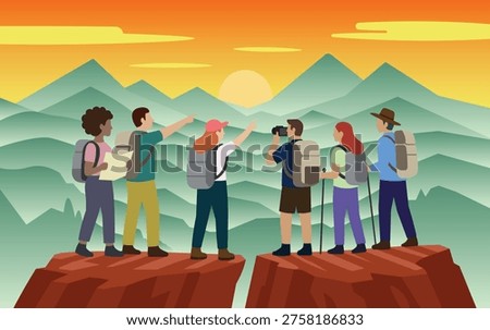 Modern flat vector illustration of a group of hikers standing on a mountain cliff, enjoying a breathtaking scenic view of layered mountains during sunset. Warm gradient sky and soft natural tones create a peaceful and inspiring atmosphere.