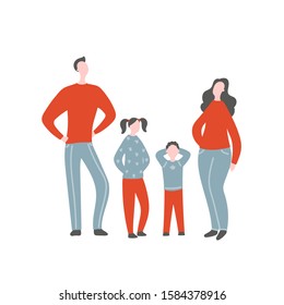 Modern flat vector illustration with happy family. Parents with children standing together. Concept of family, family values, support and connections in families