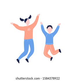 Modern flat vector illustration with happy family. Children jump, delight, joy, victory. Sister and brother jumping. Concept of family, family values, support and connections in families