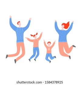 Modern flat vector illustration with happy family. Parents with children jump, delight, joy, victory. Mom, dad, son and daughter jumping. Concept of family, family values, support and connections 