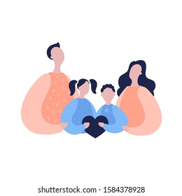 Modern flat vector illustration with happy family. Parents with children hold the heart of the family. Concept of family, family values, support and connections in families