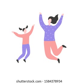 Modern flat vector illustration with happy family. Mother with daughter jump, delight, joy, victory. Mom and daughter jumping. Concept of family, family values, support and connections in families