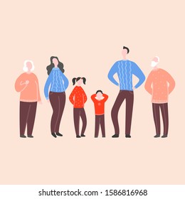 Modern flat vector illustration with happy family. Grandparents, parents with children standing together. Concept of family, family values, support and connections in families