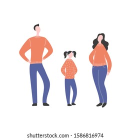 Modern flat vector illustration with happy family. Parents with teenager girl standing together. Concept of family, family values, support and connections in families