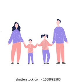Modern flat vector illustration with happy family. Parents with children standing and holding by hand. Concept of family, family values, support and connections in families