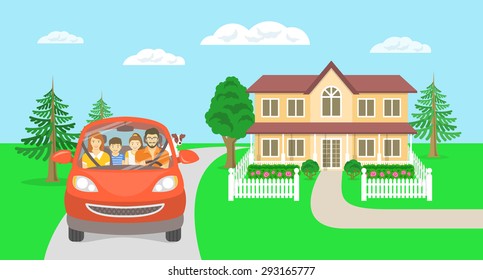 Modern flat vector illustration of happy smiling family on background of country house. Husband driving car with wife, son, daughter and dog on way to summer vacations. Horizontal casual landscape