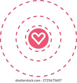 Ilustración vectorial plana moderna de un ícono del corazón dentro de círculos discontinuos concéntricos, que simbolizan el amor, la conexión, la atracción y la energía emocional.