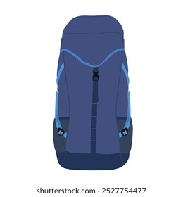 A modern flat vector illustration of a hiking backpack with adjustable straps, multiple pockets, and a vibrant color scheme, set against a simple mountain background.