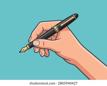 Modern Flat Vector Illustration of Human Hand Holding a Fountain Pen for Writing and Business Concepts