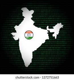 Modern flat vector illustration of Indian map and Indian flag, with binary codes in the background. Digital India concept illustration. Black background.