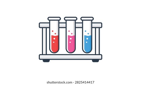 Modern flat vector illustration of a laboratory test tube rack with three colorful glass tubes containing blue pink and yellow chemical liquids for science research and chemistry experiments.