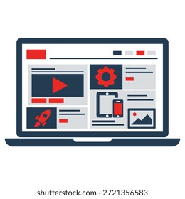 Moderna Ilustración vectorial plana de una computadora portátil que muestra una interfaz de tablero de Web. El diseño presenta paneles multimedia, íconos de Configuraciones, pantallas de dispositivos receptivas y Elementos de interfaz de usuario creativos. Adecuado para tecnología, software, plataformas SaaS, desarrollo de Web, presentaciones comerciales y conceptos de interfaz digital.