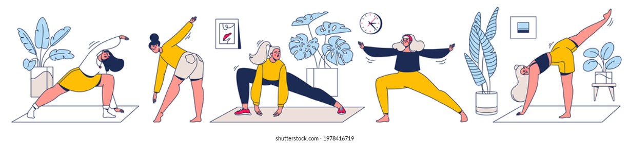 Modern flat vector illustration with line people. Healthy lifestyle concept. Fitness female characters, yoga, morning exercises. Online training. Girls in different poses, dressed in sportswear.