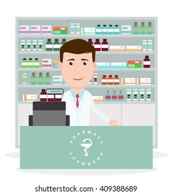 Modern flat vector illustration of a male pharmacist standing near cash register and showing medicine description at the counter in a pharmacy opposite the shelves with medicines. Health care.